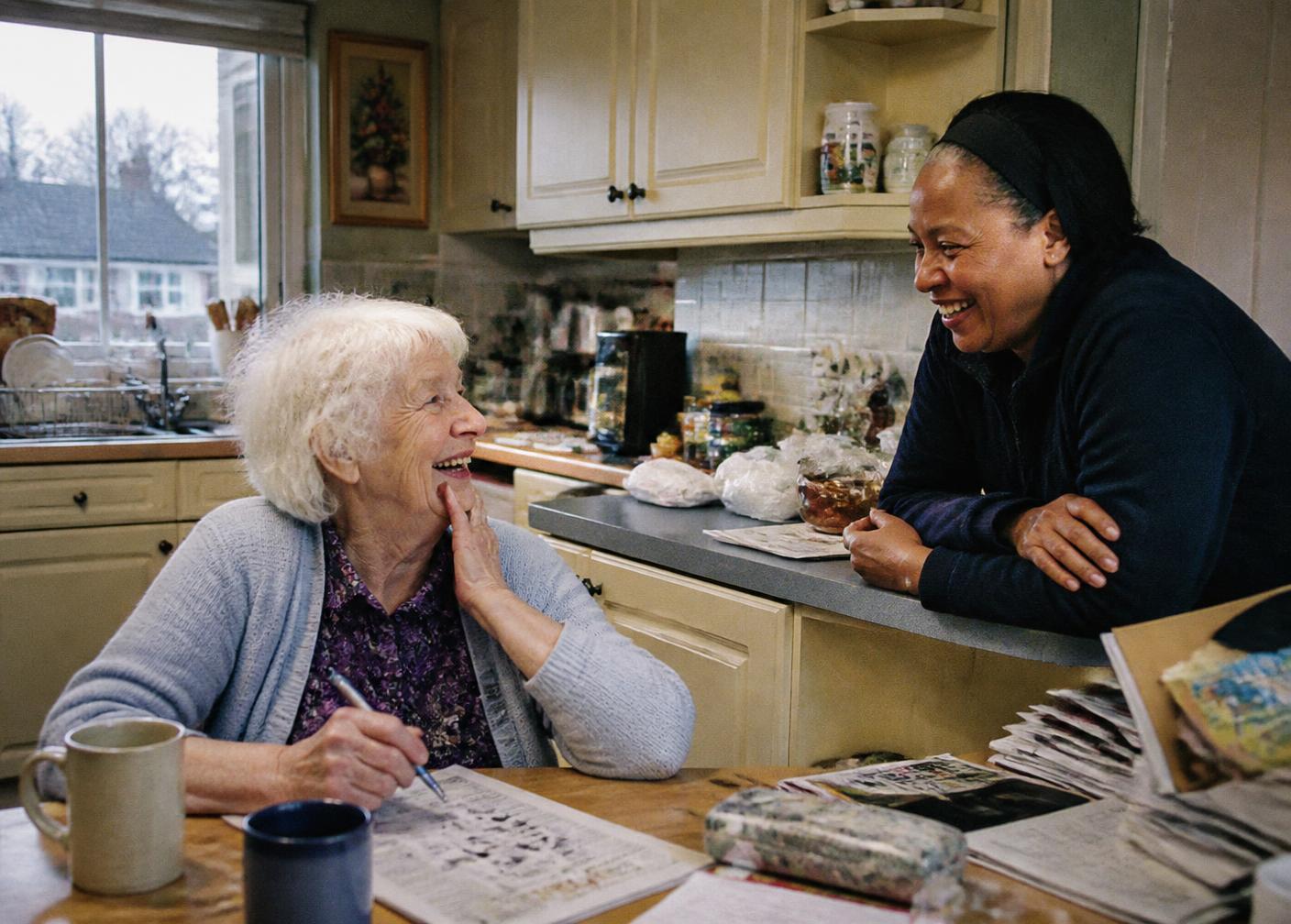 An older woman doing a crossword in her kitchen, laughing with her companion