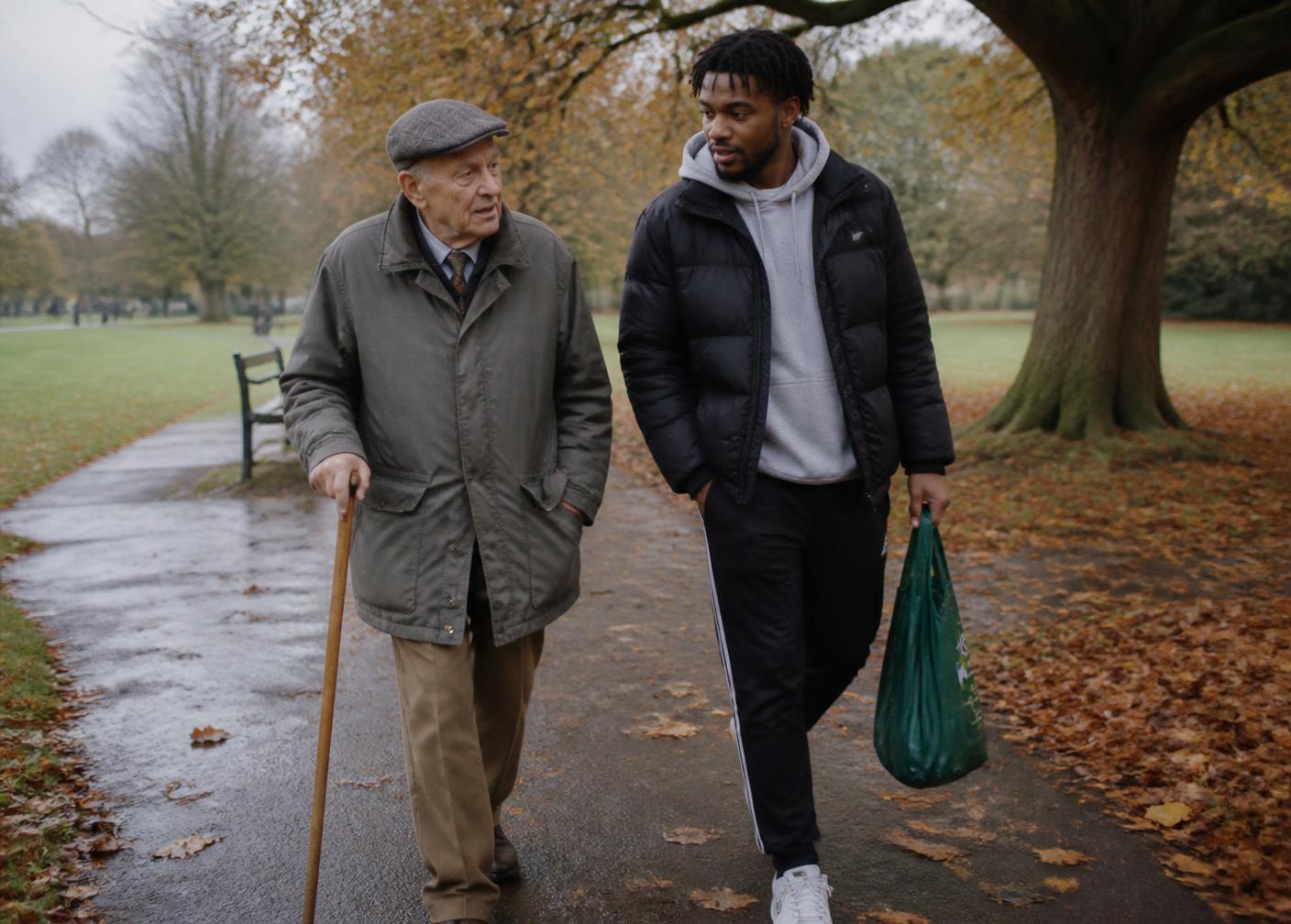 An older man walking with his companion through an autumn park
